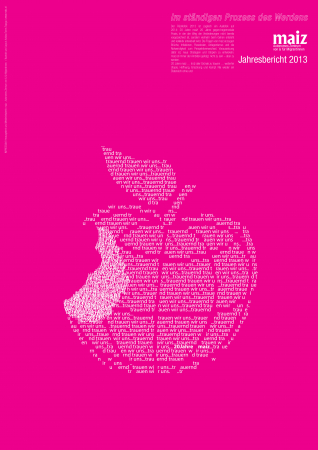 Der Text "rauernd trauen wir uns" wiederholtsich um maiz Äpfel zu bilden, dazwischen erscheint ein mal der Text "20 Jahre maiz" - Der Text ist weiß und der Hintergrund pink